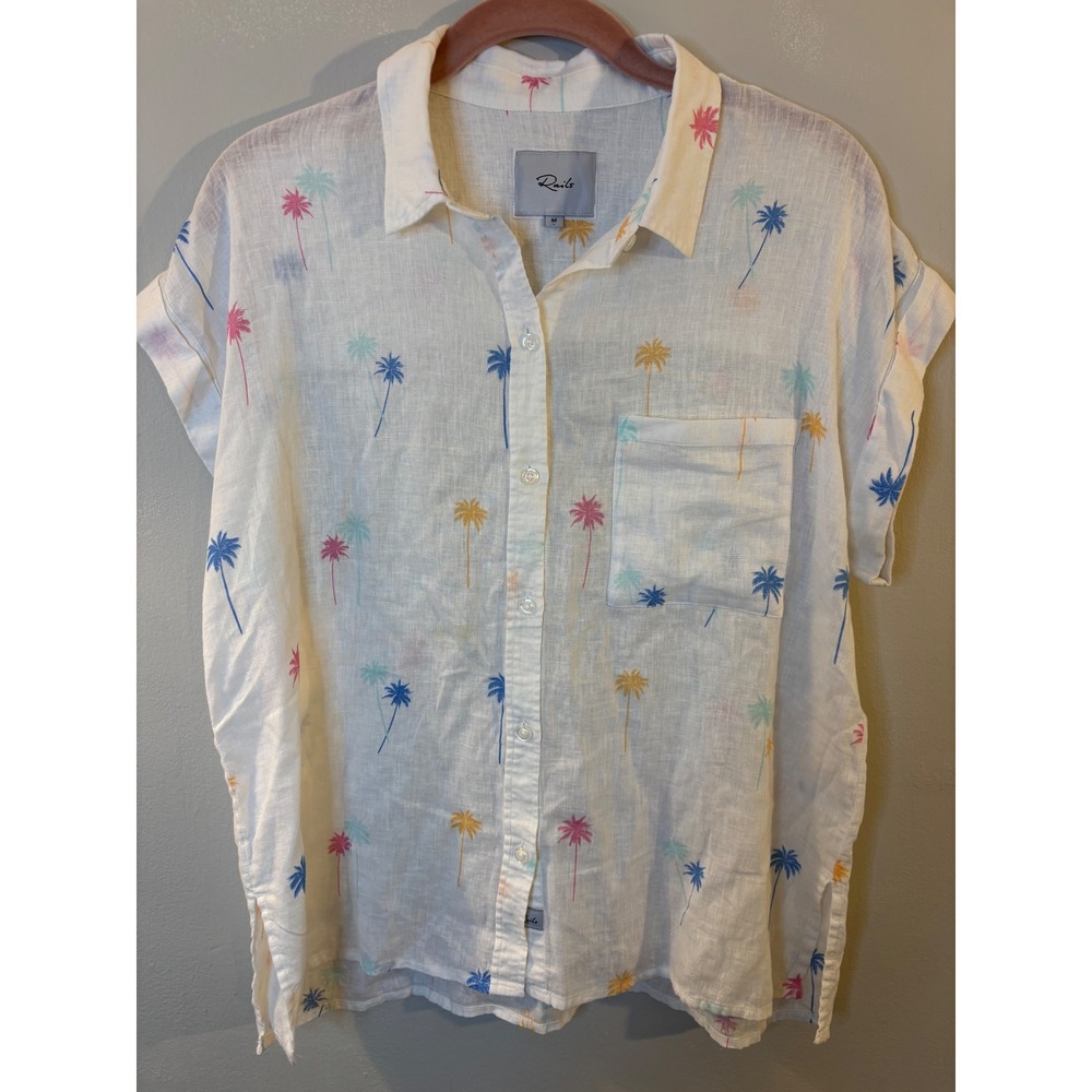 Rails Whitney Neon Palms Linen Blend Button Up‎ Top M Beach